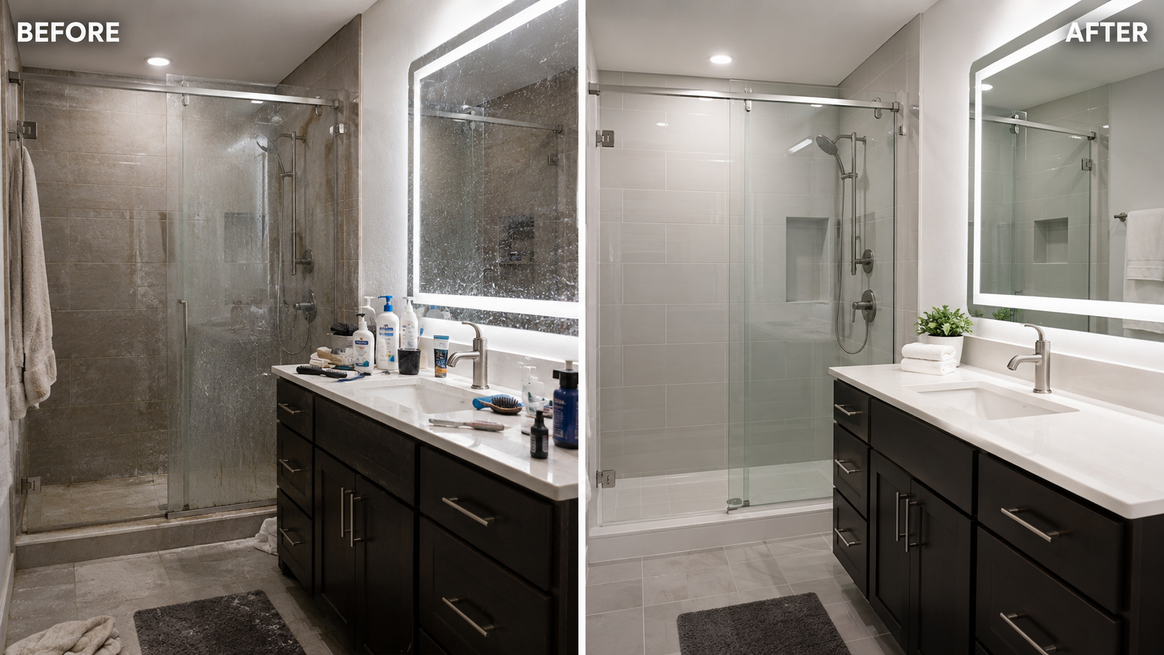 Before and after deep clean bathroom transformation by Pro Shine Elite